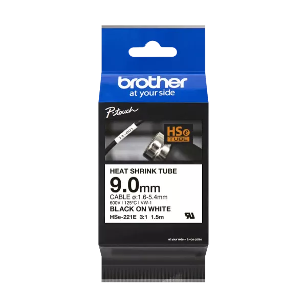 BROTHER TZE HS-221 Heat Shrink Tube Tape Black on White - 9mm BROTHER TZE HS-221 Heat Shrink Tube Tape Black on White - 9mm