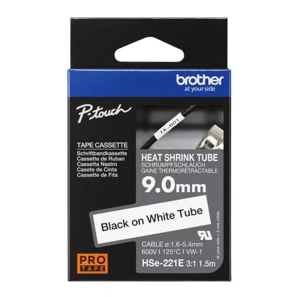 BROTHER TZE HS-221 Heat Shrink Tube Tape Black on White - 9mm BROTHER TZE HS-221 Heat Shrink Tube Tape Black on White - 9mm