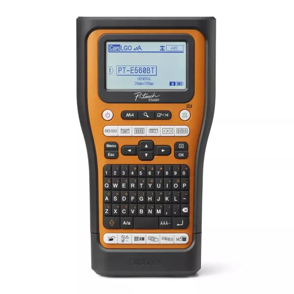 Brother PT-E560BTVP Label Printer bundle with carry case, battery, USB cable, and tapes