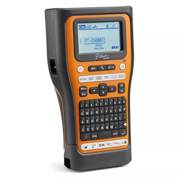 Brother PT-E560BTVP Label Printer bundle with carry case, battery, USB cable, and tapes