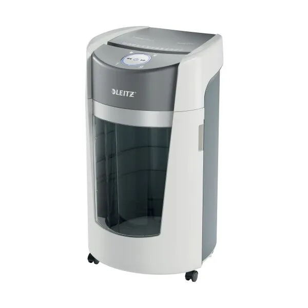Leitz IQ OptiMax Office Micro Cut P5 Shredder – Front View Front view of Leitz IQ OptiMax Office Micro Cut P5 Shredder