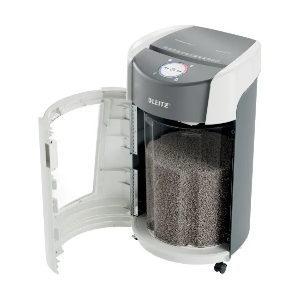 Leitz IQ OptiMax Office Micro Cut P5 Shredder – Front View Front view of Leitz IQ OptiMax Office Micro Cut P5 Shredder