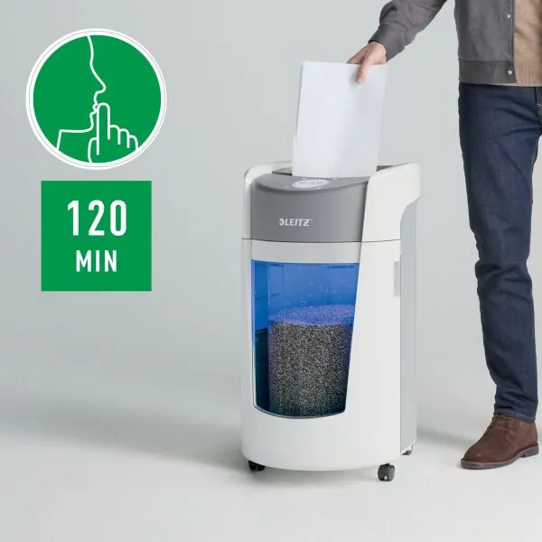 Leitz IQ OptiMax Office Micro Cut P5 Shredder – Front View Front view of Leitz IQ OptiMax Office Micro Cut P5 Shredder