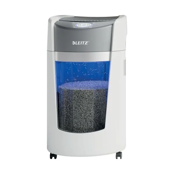 Leitz IQ OptiMax Office Micro Cut P5 Shredder – Front View Front view of Leitz IQ OptiMax Office Micro Cut P5 Shredder
