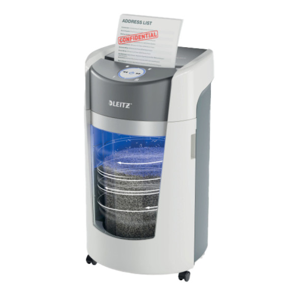 Leitz IQ OptiMax Office Micro Cut P5 Shredder – Front View Front view of Leitz IQ OptiMax Office Micro Cut P5 Shredder