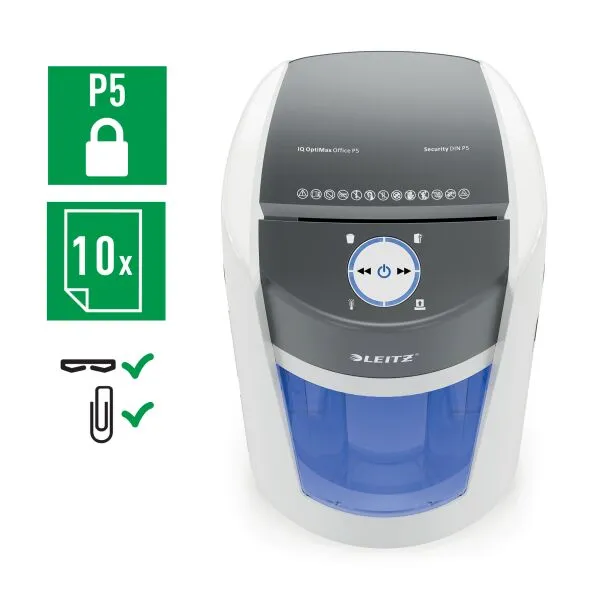 Leitz IQ OptiMax Office Micro Cut P5 Shredder – Front View Front view of Leitz IQ OptiMax Office Micro Cut P5 Shredder