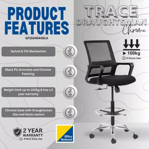 Chrome Cindy Draughtsman Ergonomic Chair – Black Mesh/Fabric with Chrome Footring