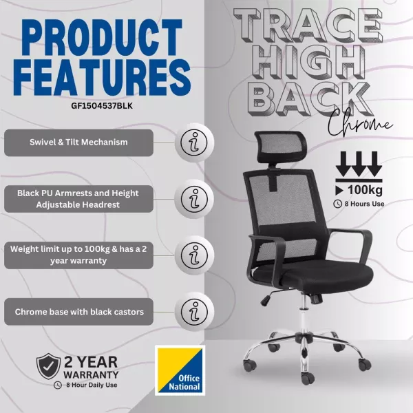 Chrome Cindy High Back Ergonomic Office Chair – Black Mesh/Fabric Chrome Cindy High Back Ergonomic Office Chair – Black Mesh/Fabric