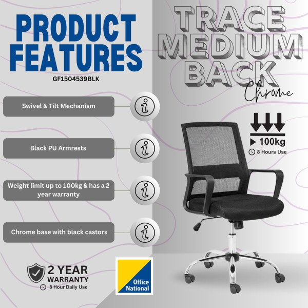 Chrome Cindy Medium Back Ergonomic Office Chair – Black Mesh/Fabric Chrome Cindy Medium Back Ergonomic Office Chair – Black Mesh/Fabric