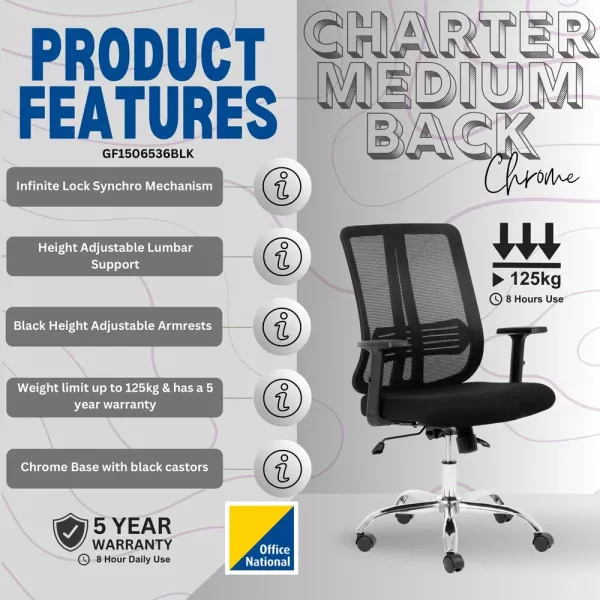 Lenny Medium Back Ergonomic Office Chair – Chrome Base, Black Lenny Medium Back Ergonomic Office Chair – Chrome Base, Black