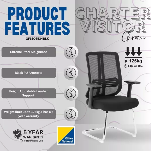 Lenny Visitor Office Chair Chrome Sled Base Black Lenny Visitor Office Chair in black with mesh backrest, armrests, padded seat and chrome sled base