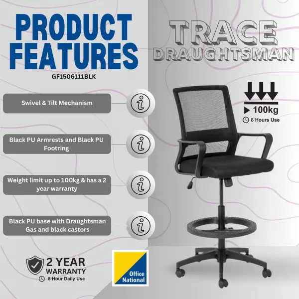 Cindy Draughtsman Ergonomic Chair – Black Mesh/Fabric with Footring