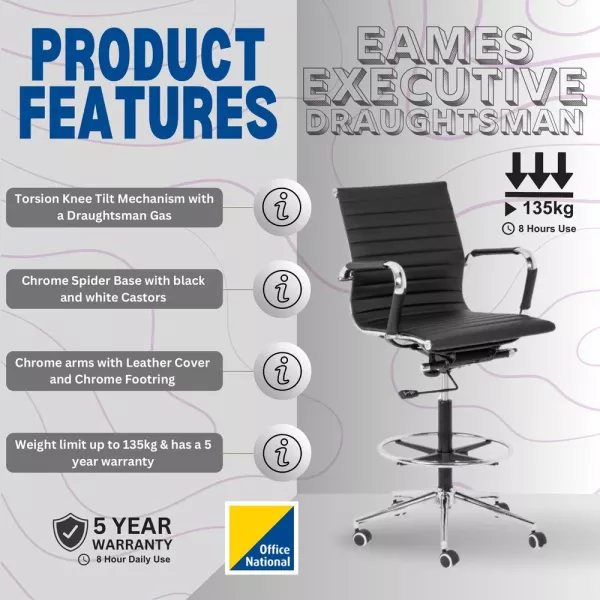Eames Draughtsman Chair CHA022 with Chrome Footring and Chrome Spider Base – Side Angle Eames Executive Draughtsman Chair – Chrome Spider Base, Leather Arms, Black Leather Finish