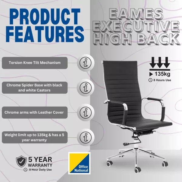 Eames Executive High Back Office Chair – Chrome, Black Bonded Leather