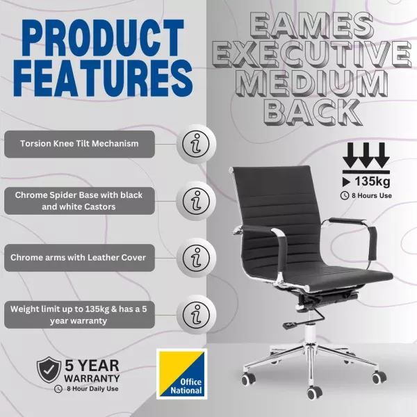 Eames Executive Medium Back Office Chair – Chrome, Black Bonded Leather