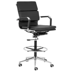 Eames Padded Executive Draughtsman Chair – Chrome Footring, Black Bonded Leather Eames Padded Executive Draughtsman Chair – Chrome Footring, Black Bonded Leather