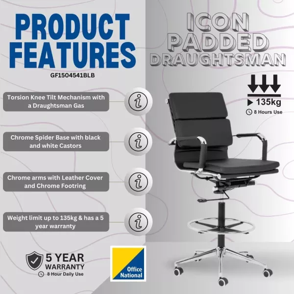 Eames Padded Executive Draughtsman Chair – Chrome Footring, Black Bonded Leather