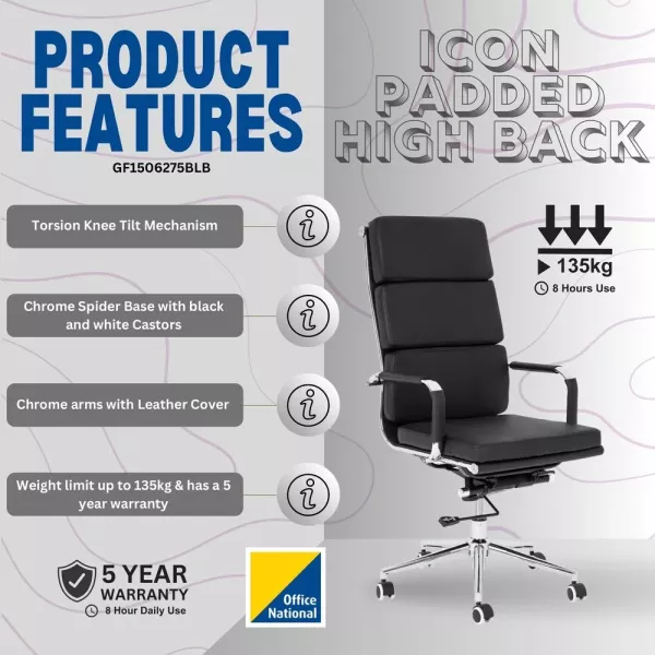 Eames Padded Executive High Back Office Chair – Chrome, Black Bonded Leather
