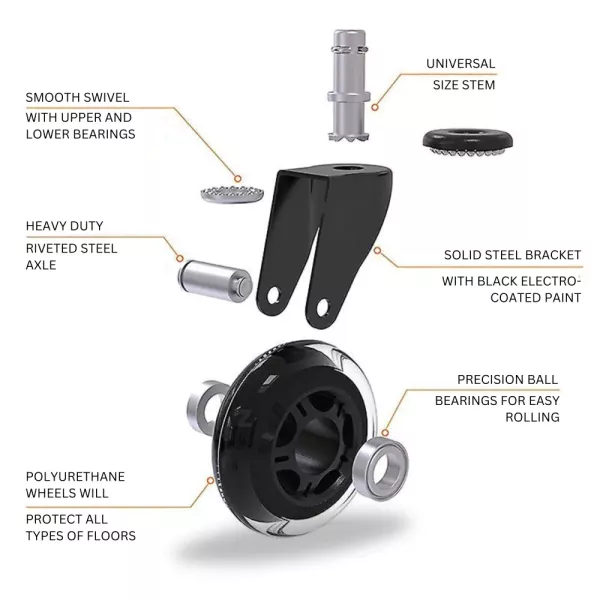 Heavy Duty Polyurethane Caster Wheels Pack of 5 – Universal Stem Set of 5 heavy duty polyurethane caster wheels with universal stem and precision ball bearings