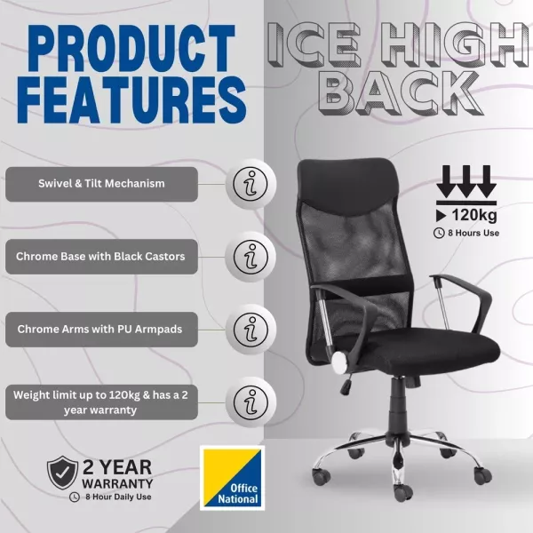 Ice High Back Ergonomic Office Chair – Chrome Base, Black Ice High Back Ergonomic Office Chair – Chrome Base, Black