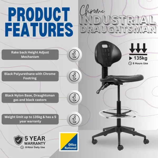 Industrial Draughtsman Ergonomic Chair – Black PU, Chrome Footring