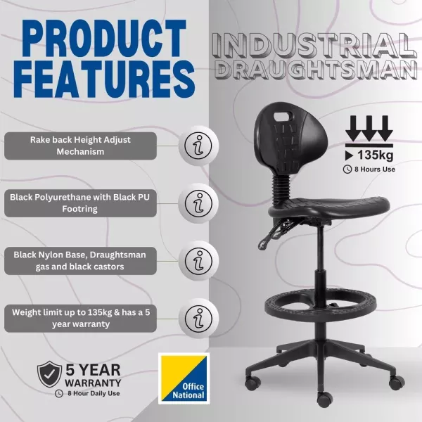 Industrial Draughtsman Ergonomic Chair – Black PU, Nylon Footring