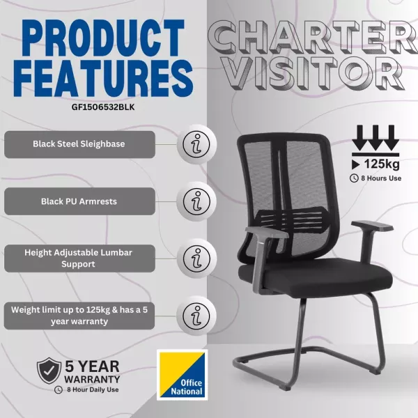 Lenny Visitor Office Chair in black with mesh backrest, armrests, padded seat and silver cantilever frame