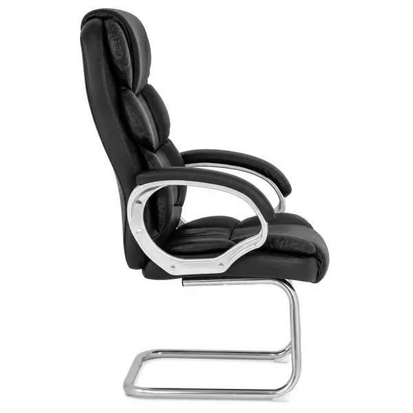 Lielie Visitor Office Chair in black bonded leather with padded backrest, armrests and silver cantilever visitor chair frame