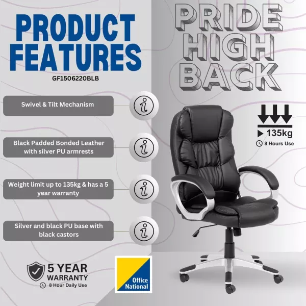Lielie High Back Executive Office Chair Black Bonded Leather Lielie High Back Executive Office Chair in black bonded leather with padded high back, armrests and chrome caster base