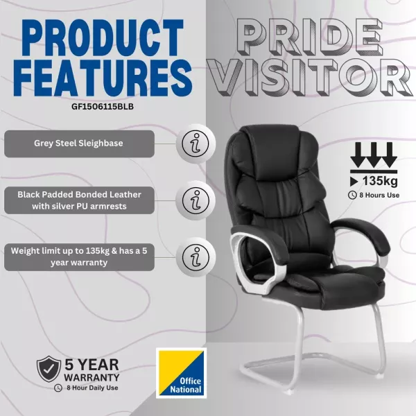 Lielie Visitor Office Chair in black bonded leather with padded backrest, armrests and silver cantilever visitor chair frame