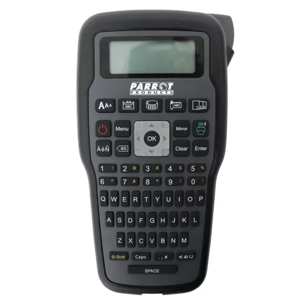Parrot label printer front view with LCD screen and QWERTY keyboard