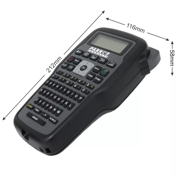 Parrot label printer front view with LCD screen and QWERTY keyboard