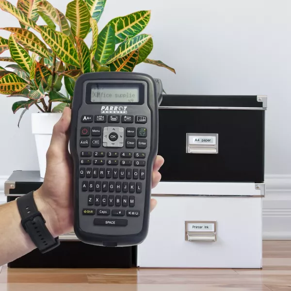 Parrot label printer front view with LCD screen and QWERTY keyboard