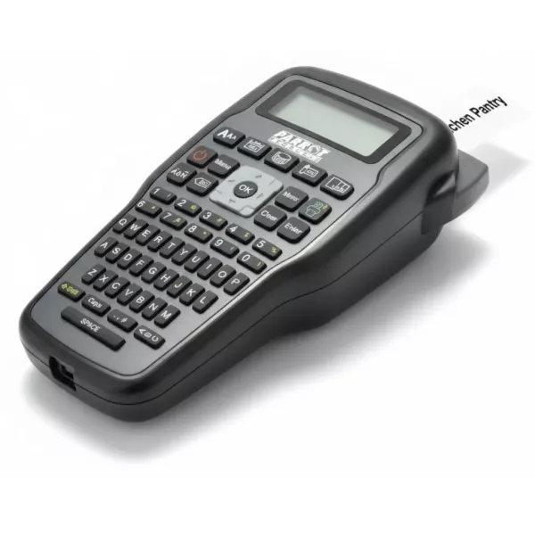 Parrot label printer front view with LCD screen and QWERTY keyboard