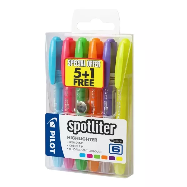 Six-pack PILOT Spotliter highlighters in assorted colours, wallet pack