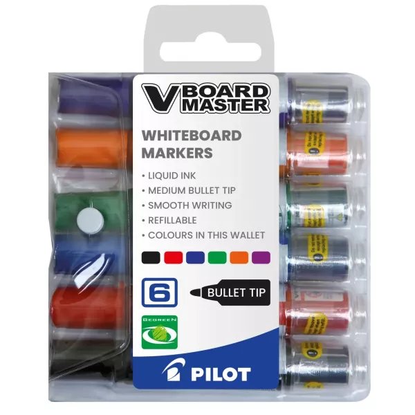 PILOT V Board Master refillable bullet whiteboard markers assorted colours wallet of 6