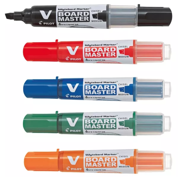 PILOT V Board Master Chisel Point Markers – 5 Colours with Holder Set of 5 PILOT V Board Master refillable chisel whiteboard markers with magnetic holder