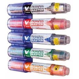 Set of 5 PILOT V Board Master refillable chisel whiteboard markers with magnetic holder