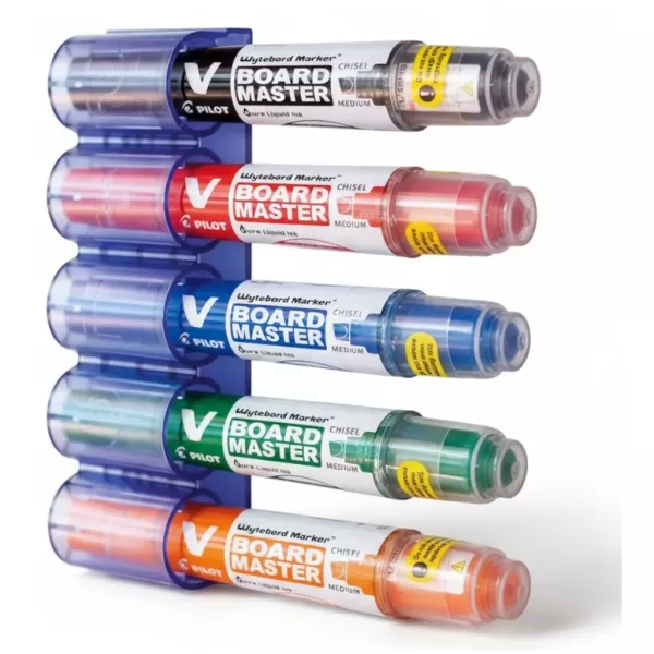 PILOT V Board Master Chisel Point Markers – 5 Colours with Holder Set of 5 PILOT V Board Master refillable chisel whiteboard markers with magnetic holder