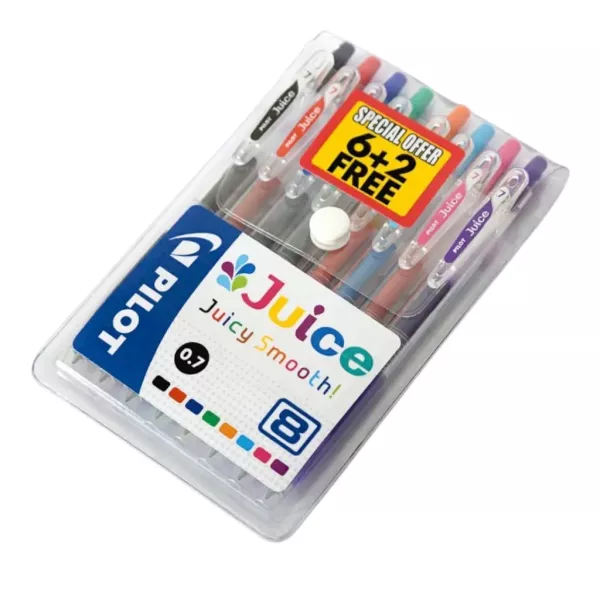 Pilot Juice 0.7mm Wallet of 8 Gel Pens – Assorted Colours Pilot Juice 0.7mm wallet of 8 gel pens with 6+2 free colours, smooth writing