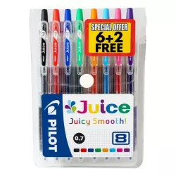 Pilot Juice 0.7mm Wallet of 8 Gel Pens – Assorted Colours Pilot Juice 0.7mm wallet of 8 gel pens with 6+2 free colours, smooth writing