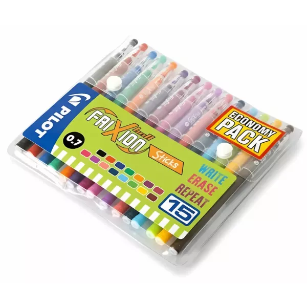 Pilot FriXion Ball Pen Sticks Wallet of 15 Front View Pilot FriXion Ball Pen Sticks Wallet of 15 assorted erasable pens shown in front packaging view