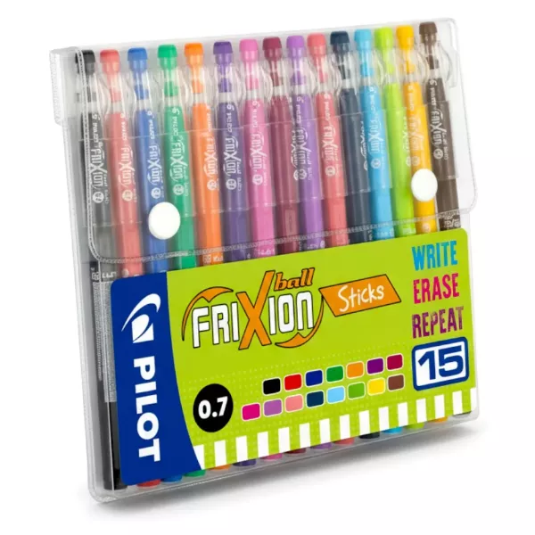 Pilot FriXion Ball Pen Sticks Wallet of 15 Front View Pilot FriXion Ball Pen Sticks Wallet of 15 assorted erasable pens shown in front packaging view