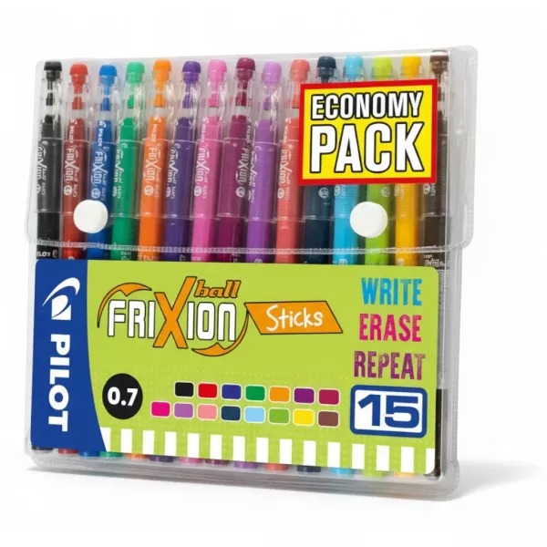 Pilot FriXion Ball Pen Sticks Wallet of 15 Front View Pilot FriXion Ball Pen Sticks Wallet of 15 assorted erasable pens shown in front packaging view