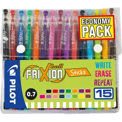 Pilot FriXion Ball Pen Sticks Wallet of 15 Front View Pilot FriXion Ball Pen Sticks Wallet of 15 assorted erasable pens shown in front packaging view