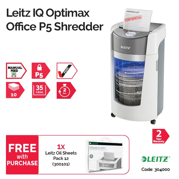 Leitz IQ OptiMax Office Micro Cut P5 Shredder – Front View Front view of Leitz IQ OptiMax Office Micro Cut P5 Shredder