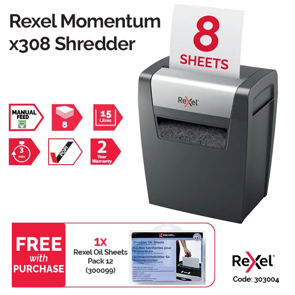 REXEL Momentum X308 Shredder – Left Side View Left side view of REXEL Momentum X308 Cross Cut Home Office Shredder