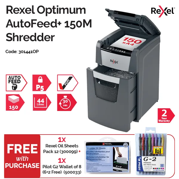 Rexel Optimum AutoFeed+ 150M Paper Shredder Front View Front view of Rexel Optimum AutoFeed+ 150M automatic micro cut shredder P5
