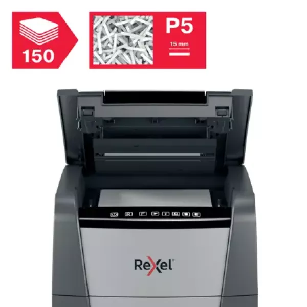 Rexel Optimum AutoFeed+ 150M Paper Shredder Front View Front view of Rexel Optimum AutoFeed+ 150M automatic micro cut shredder P5