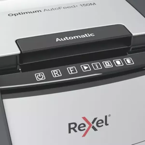 Rexel Optimum AutoFeed+ 150M Paper Shredder Front View Front view of Rexel Optimum AutoFeed+ 150M automatic micro cut shredder P5